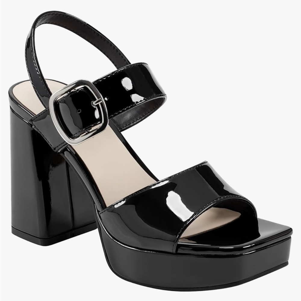 Marc Fisher Black Patent Platform Sandal with Chunky Heel
